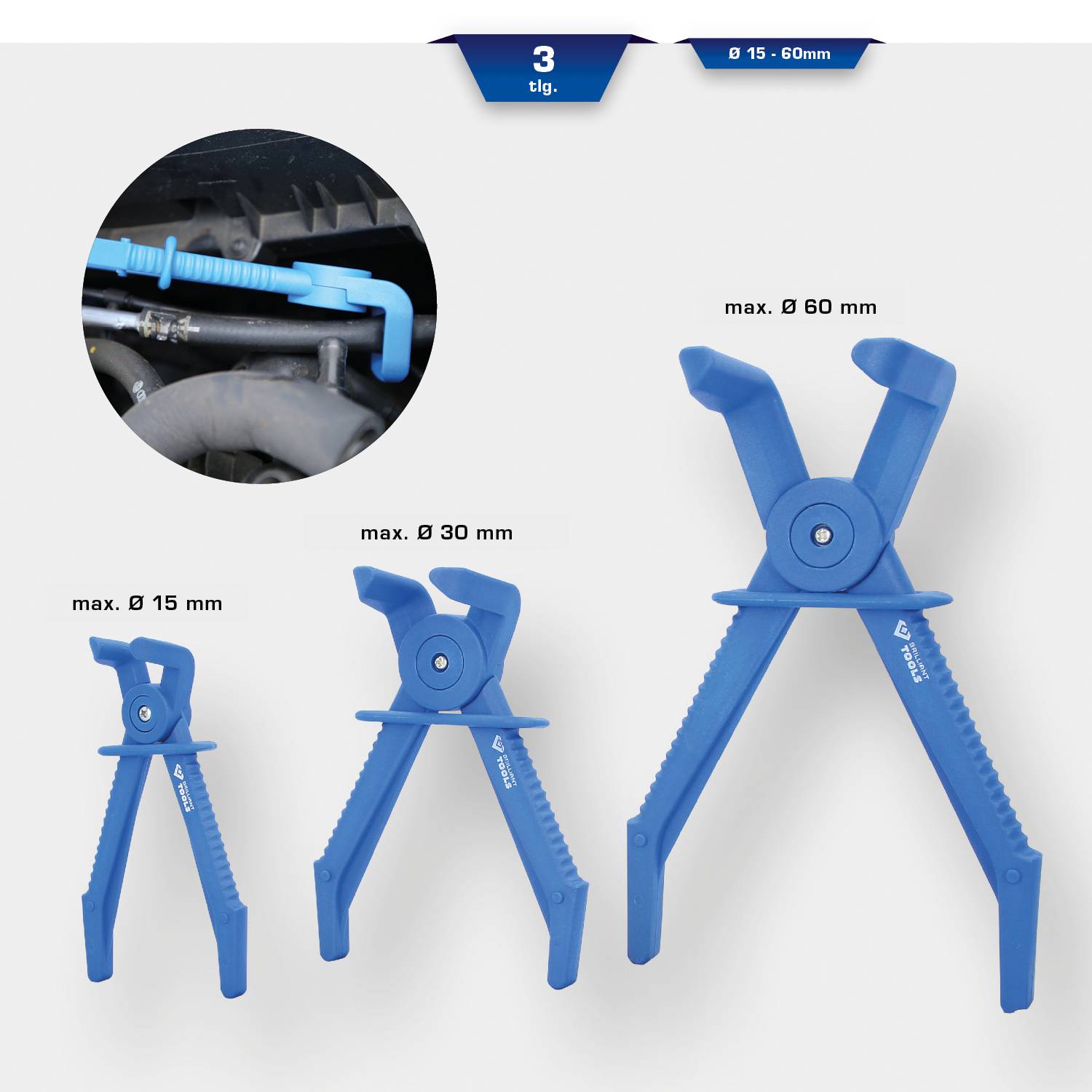 Ein Bild von drei blauen Zangen in unterschiedlichen Größen: max. 15 mm, max. 30 mm und max. 60 mm. Verwendet zum Klemmen von Schläuchen.