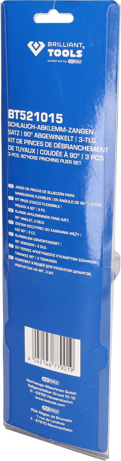 Blau-weiße Verpackung mit Produktinformationen in mehreren Sprachen für ein 3-teiliges Schlauch-Abklemm-Zangen-Set in 90° Winkel.