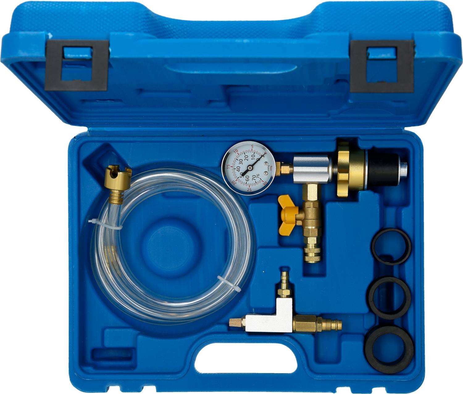 Blauer Kunststoffkoffer mit einem Druckmessgerät, Schläuchen und Zubehörteilen, verwendet zur Überprüfung von Drucksystemen.