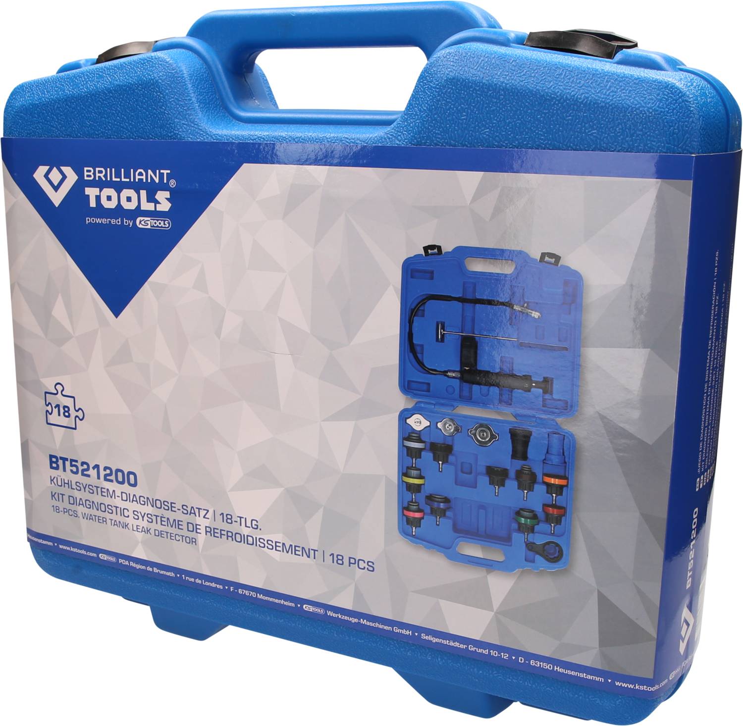 Ein blauer Koffer von Brilliant Tools, Modell BT512200, zeigt ein 18-teiliges Kühlsystem-Diagnose-Set mit Abbildung der Inhaltsstücke.