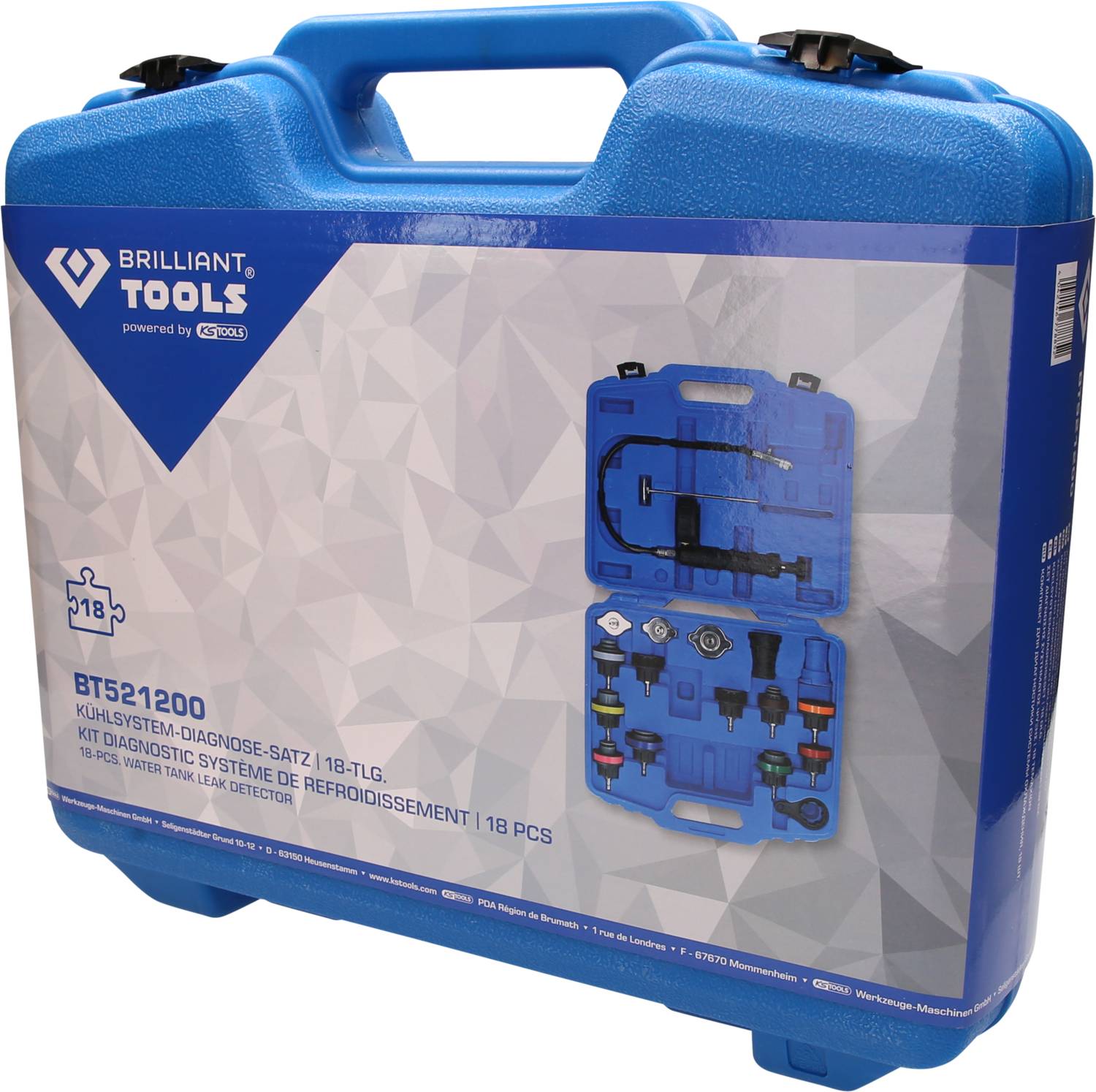 Ein blauer Werkzeugkoffer mit der Aufschrift 'BRILLIANT TOOLS'. Der Koffer enthält ein 18-teiliges Kühlsystem-Diagnose-Set.