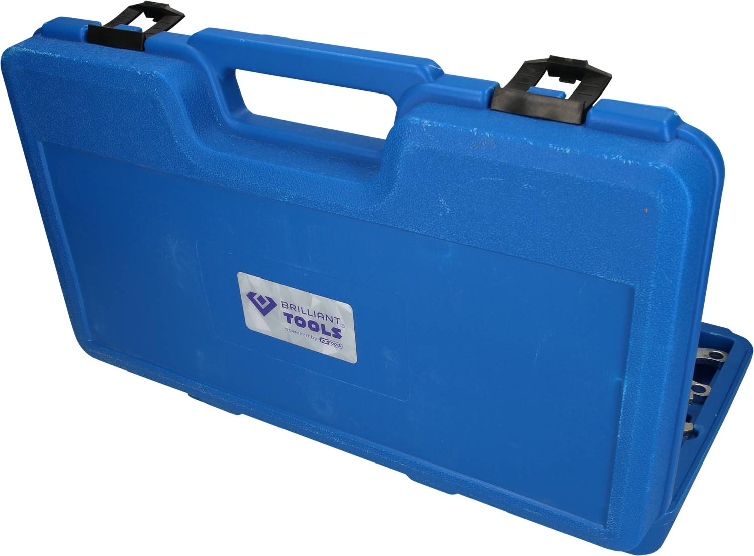 Ein blauer Kunststoffkoffer mit schwarzem Griff und Verschlüssen. Beschriftet mit 'Brilliant Tools'. Enthält vermutlich Werkzeuge.