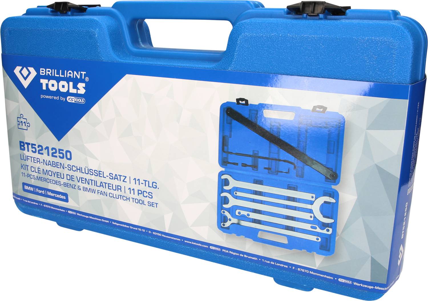 Ein blauer Werkzeugkoffer von Brilliant Tools, BT521250, enthält ein 11-teiliges Lüfter-Naben-Schlüssel-Set, geeignet für Mercedes.