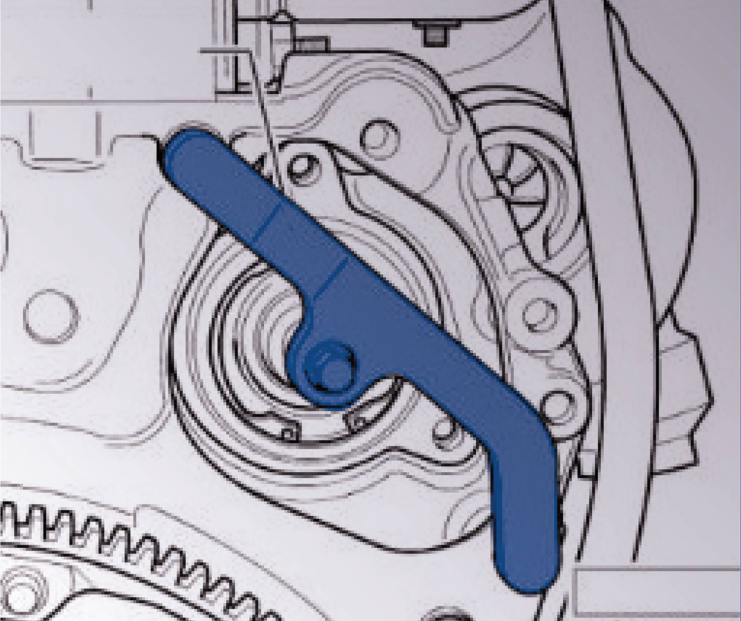 Mechanisches Schaubild eines Motors mit hervorgehobenem blauen Bauteil, das die Position und Funktionsweise im System zeigt.