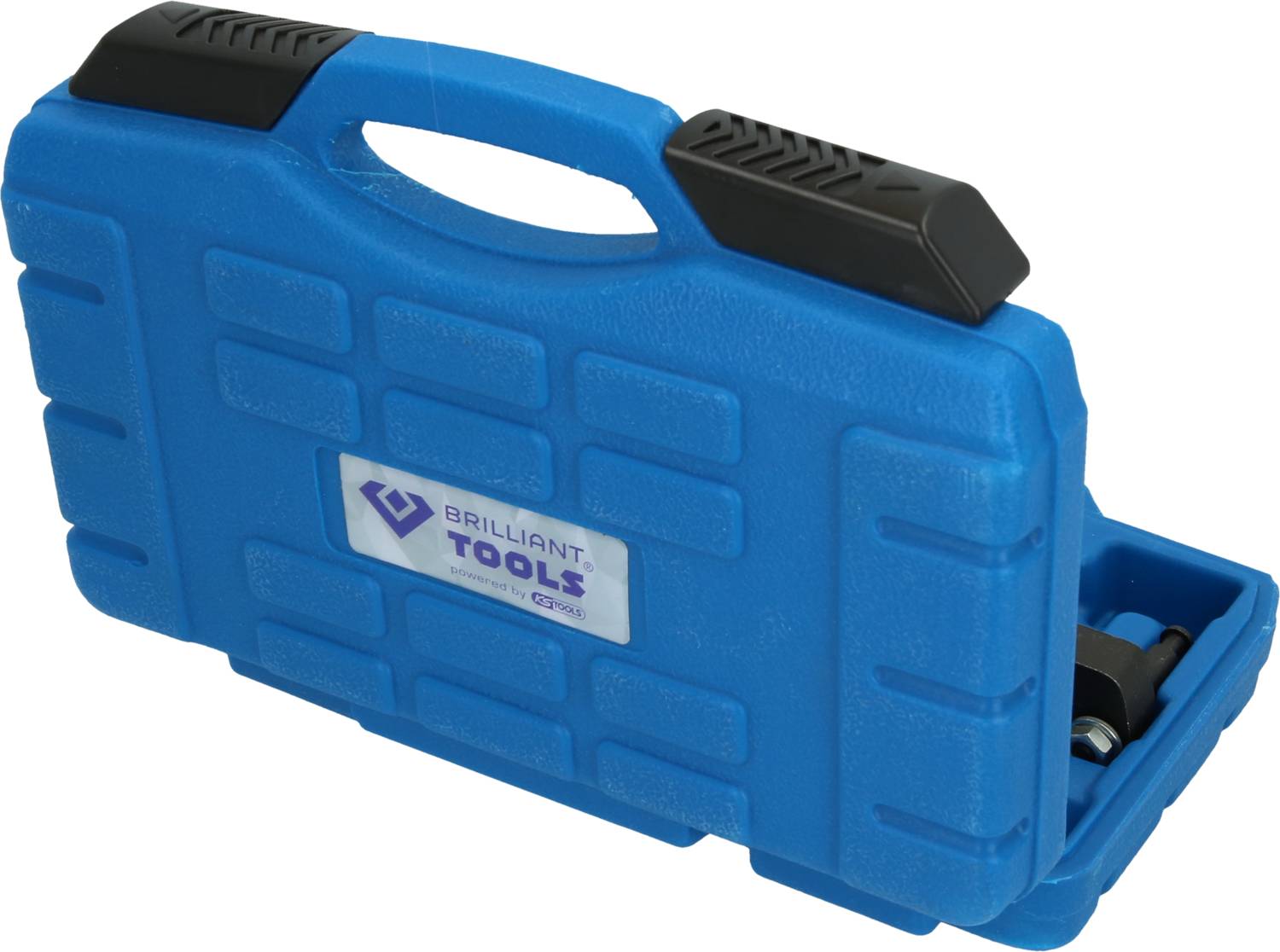 Ein blauer Kunststoffkoffer mit der Aufschrift 'Brilliant Tools' enthält ein Werkzeugsatz. Der Koffer hat einen Griff und schwarze Verschlüsse.