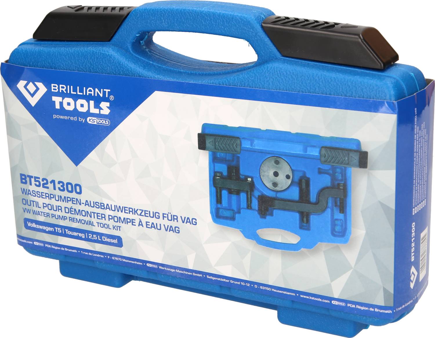 Blauer Werkzeugkoffer mit der Aufschrift 'BRILLIANT TOOLS'. Enthält Werkzeuge zur Demontage der Wasserpumpe bei VAG-Fahrzeugen.