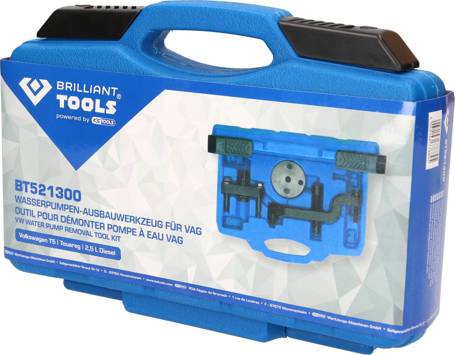 Blauer Werkzeugkoffer mit der Aufschrift 'Brilliant Tools BT521300'. Enthält ein Werkzeugset zum Ausbau von Wasserpumpen für VAG.