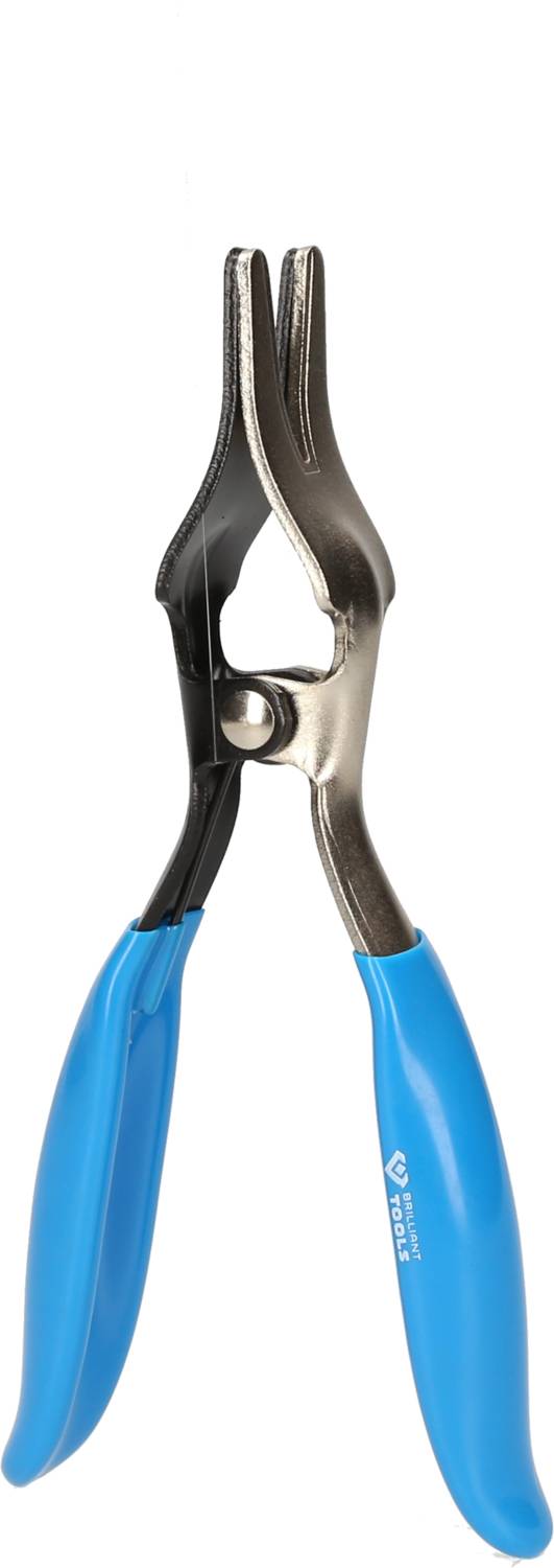 Eine silberne Zange mit blauen Griffen, geöffnet, vor einem weißen Hintergrund, geeignet zum Biegen oder Fixieren von Materialien.