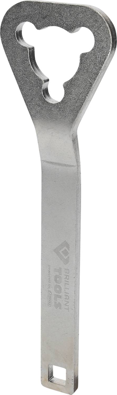 Schlüsselwerkzeug mit spezifischer Form für Ventilschraubenanpassung, graue Metallfarbe, markiert mit 'TOOLS'. Geeignet für spezielle mechanische Anwendungen.