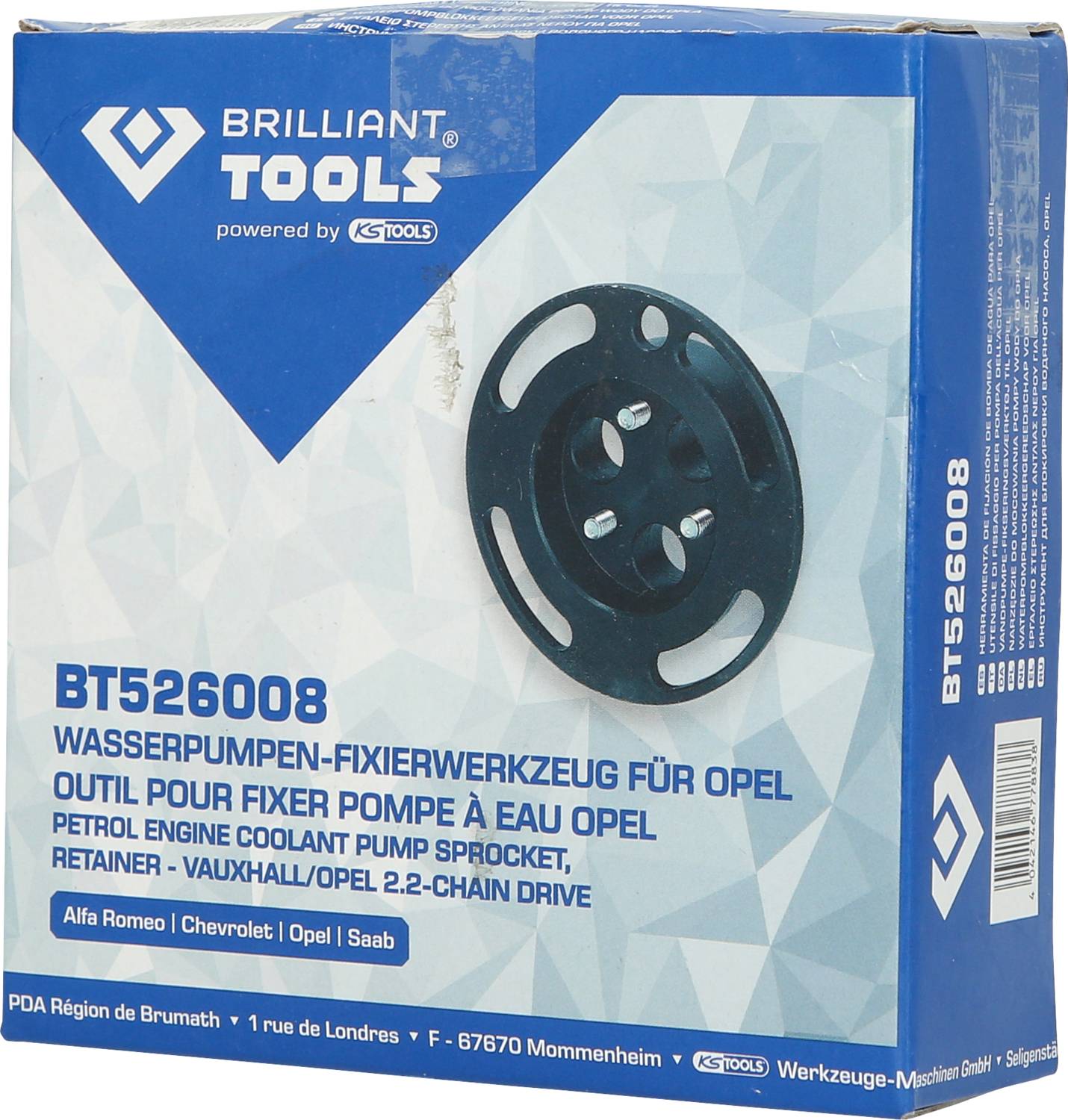 Kartonverpackung eines Wasserpumpen-Fixierwerkzeugs für Opel. Enthält Produktinformationen und Logos auf blau-weißem Hintergrund.