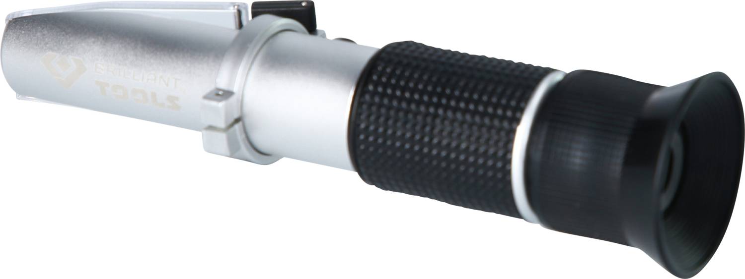 Silbernes optisches Gerät mit schwarzem Griff und Linse, möglicherweise ein Refraktometer oder ähnliches Messwerkzeug.