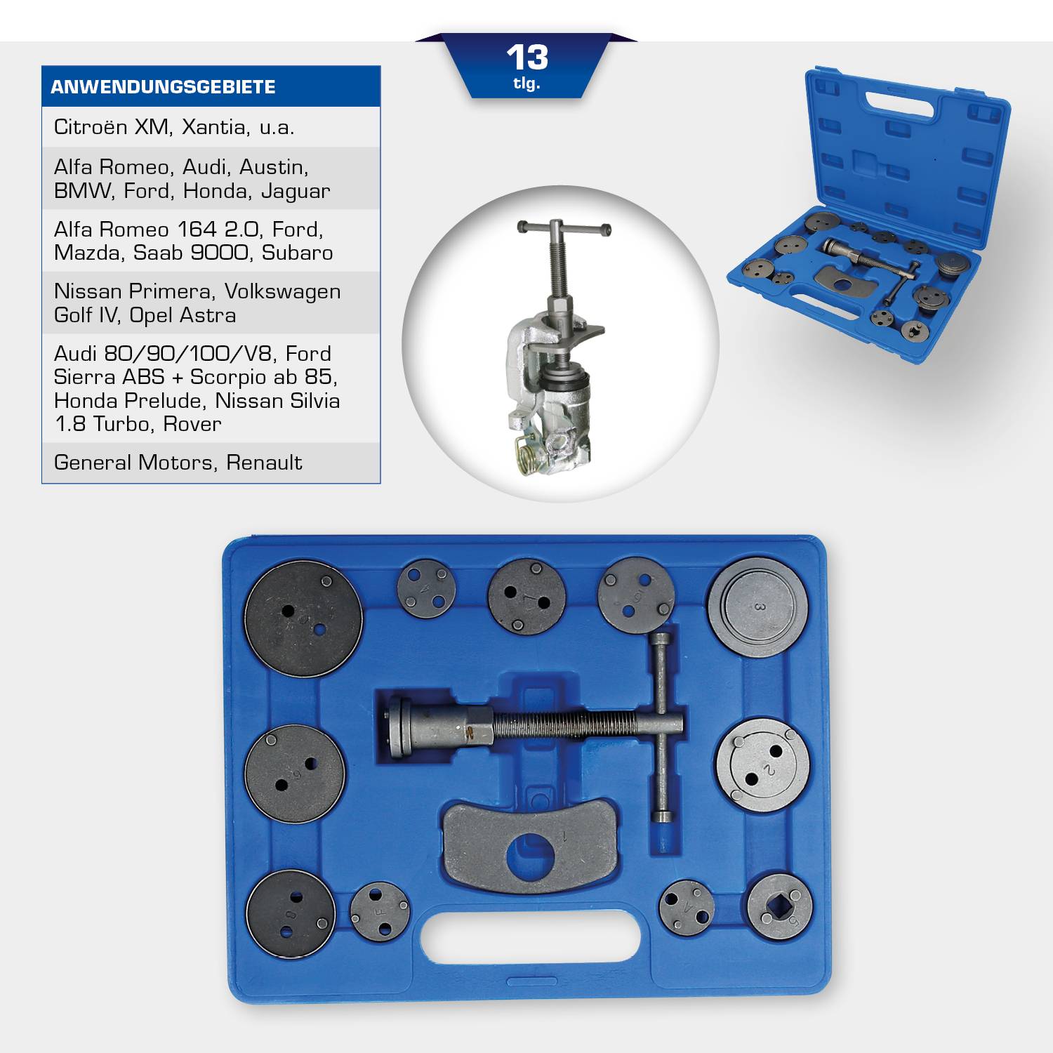 'Bremskolbenrücksteller Set, 13-teilig, in blauem Koffer. Kompatibel mit verschiedenen Automarken. Bild eines Rückstellers in der Mitte.'