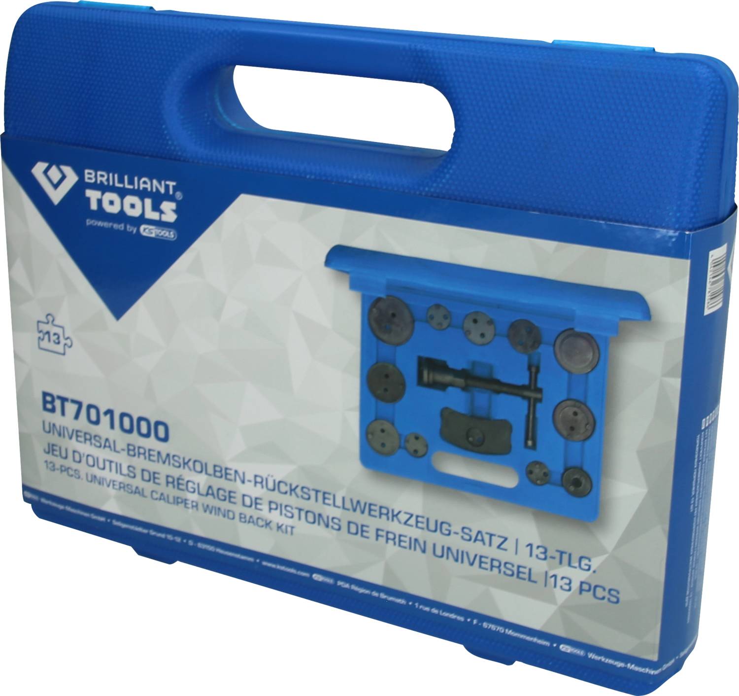 Blauer Werkzeugkoffer mit der Aufschrift 'Universal-Bremskolben-Rückstellwerkzeug-Satz, 13-teilig, BT701000' von Brilliant Tools.