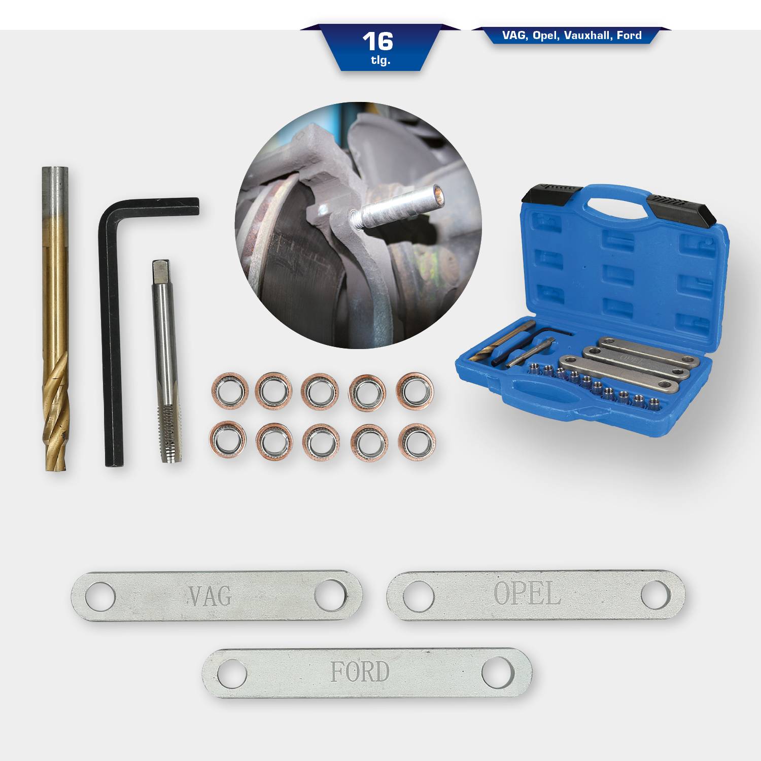 Satz aus Werkzeugen zur Reparatur von Gewinden in blauem Etui, inklusive Bohrer, Inbusschlüssel, Windeisen, Schrauben und Folie für Autoreparatur.