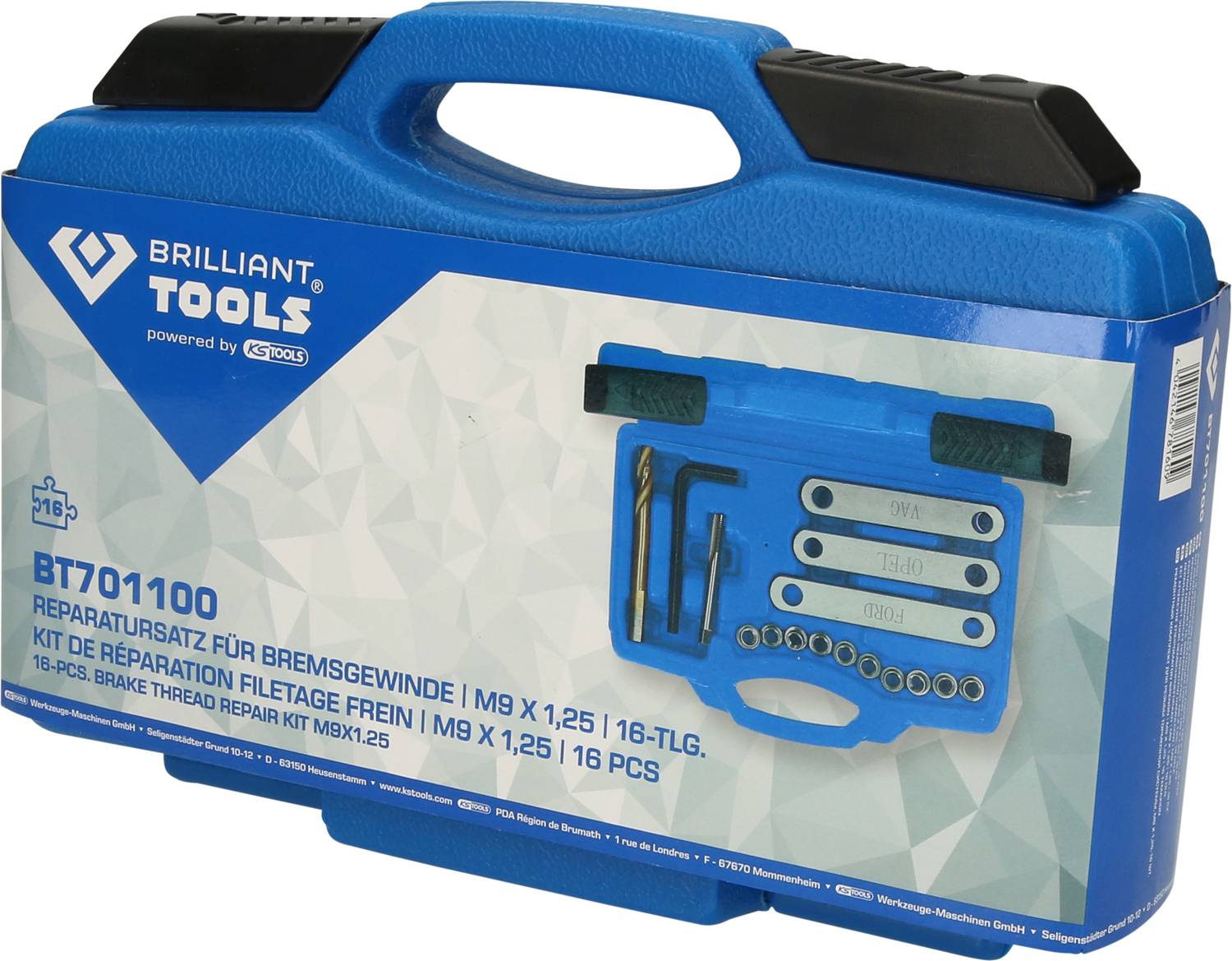 Reparatursatz für Bremsgewinde in blauem Kunststoffkoffer, 16-teilig. Enthält Werkzeuge für M9x1,25 Gewinde.