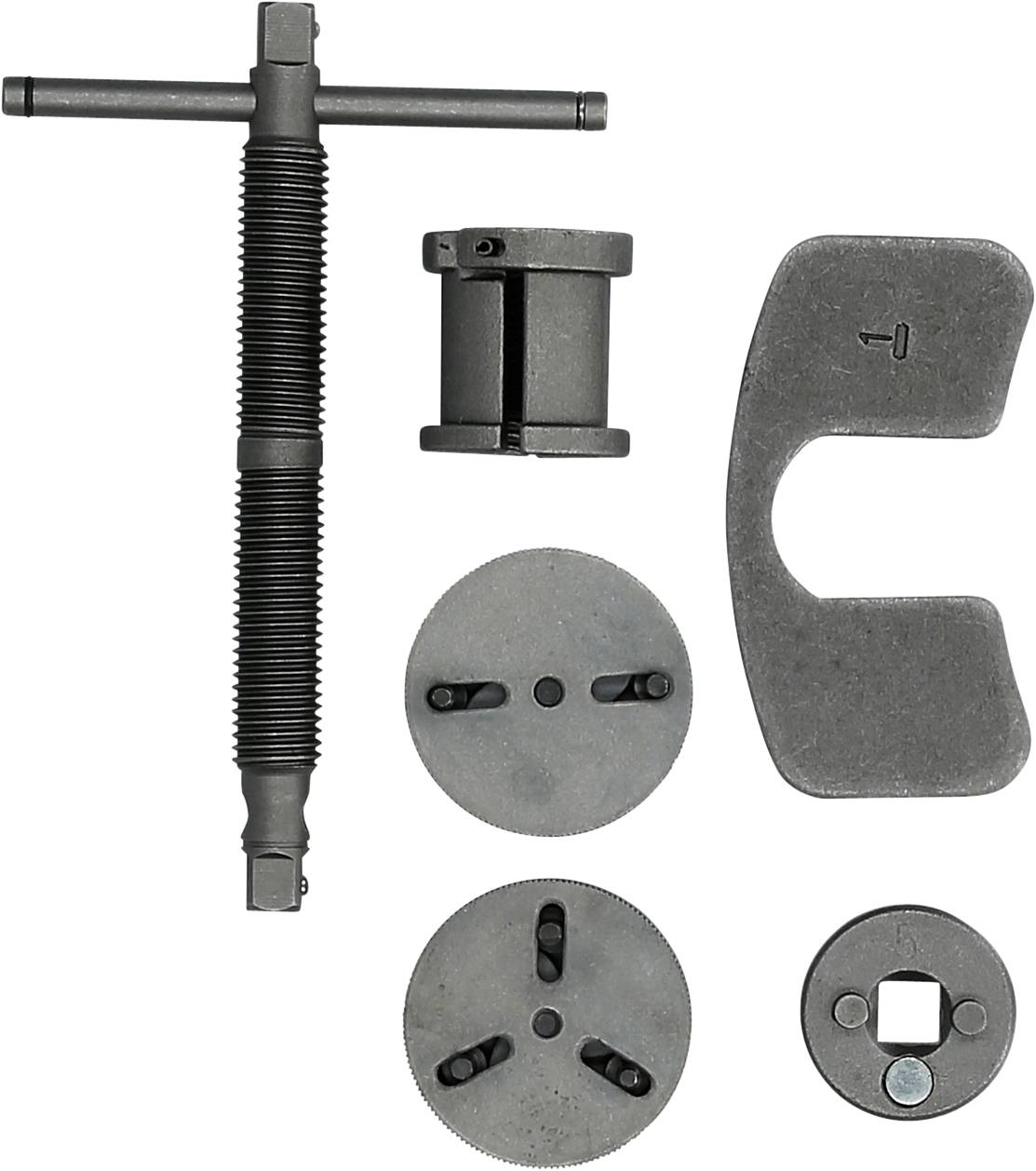 Ein Bremskolbenrückstellwerkzeug-Set mit Sechskant-Treiber, zwei runden Adapterplatten und einer Bremsbacke.