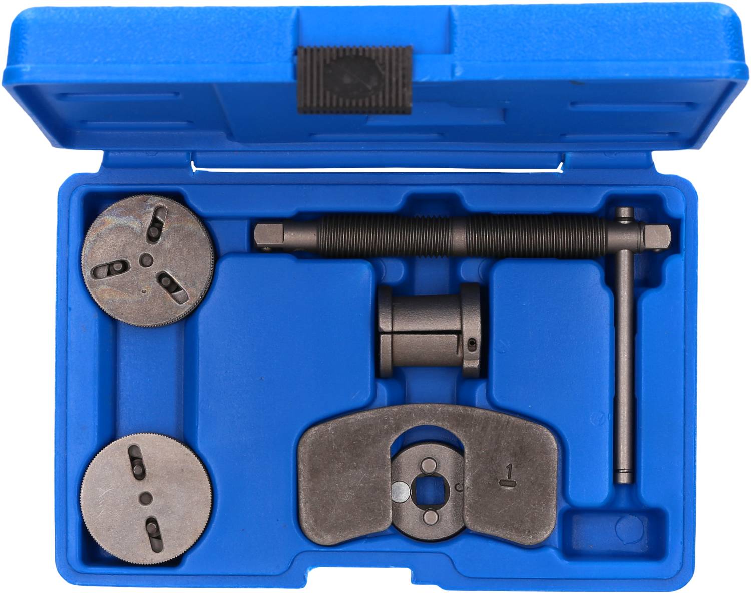 Blauer Werkzeugkasten mit Bremskolbenrückstellwerkzeug: zwei runde Scheiben, eine Schraubenspindel, ein Adapter und ein T-Griff.