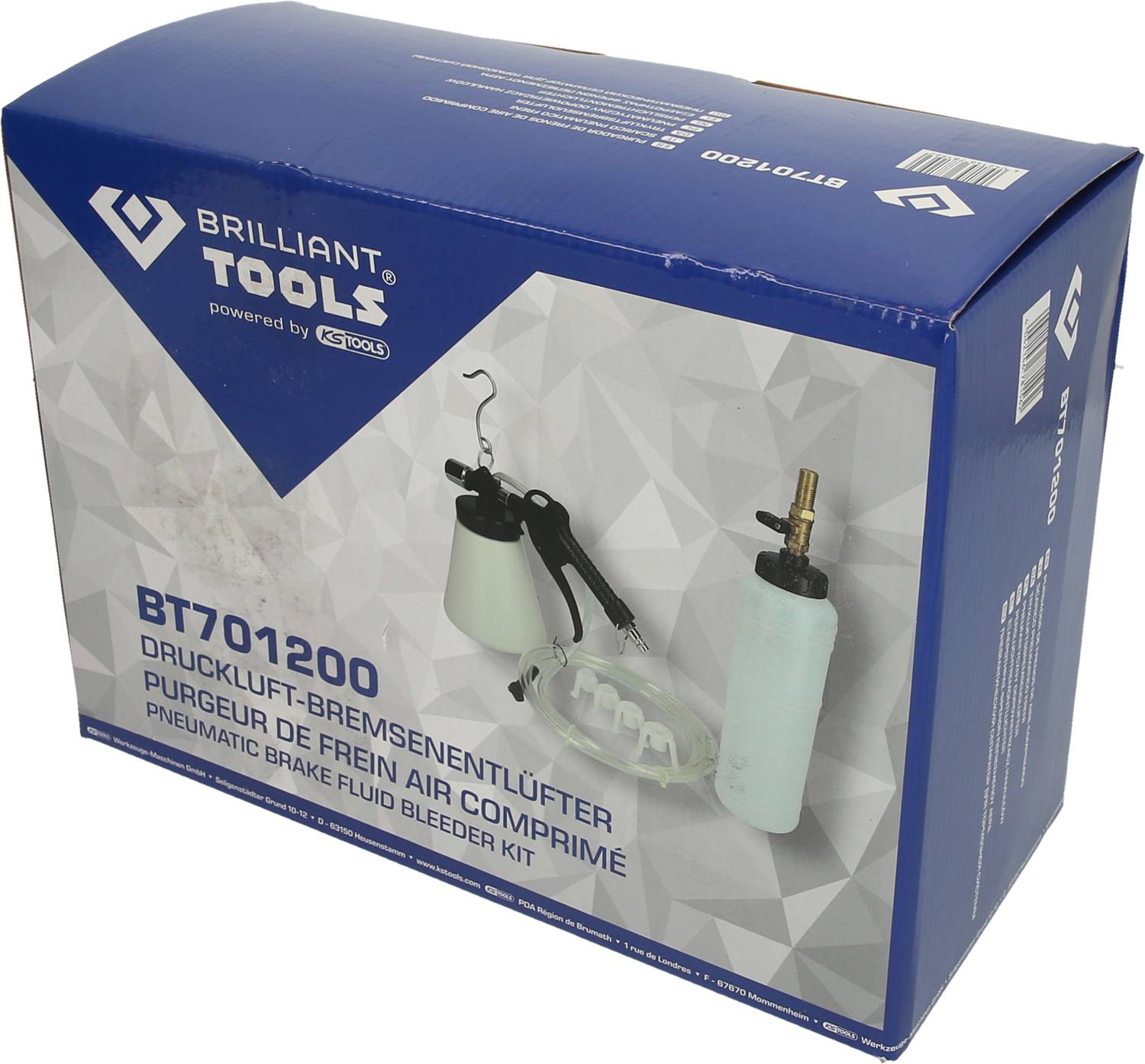 Blauer Karton mit der Aufschrift 'Brilliant Tools'. Zeigt ein Druckluft-Bremsenentlüfter-Set mit Behältern und Anschlüssen.