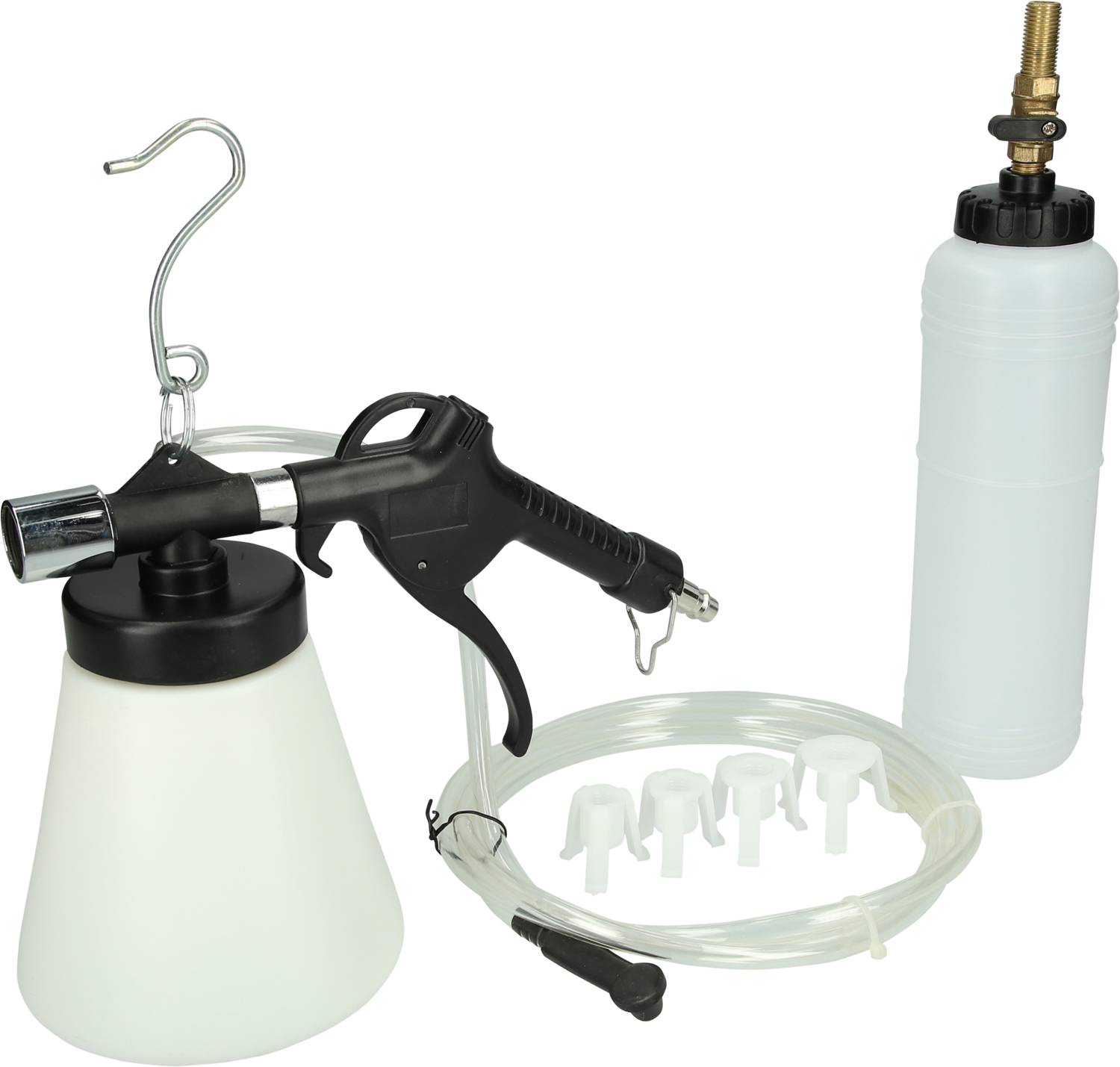 Bremsenentlüftungs-Set mit Handpumpe, Schläuchen und verschiedenen Adaptern. Geeignet für Kfz-Wartung und -Reparatur.