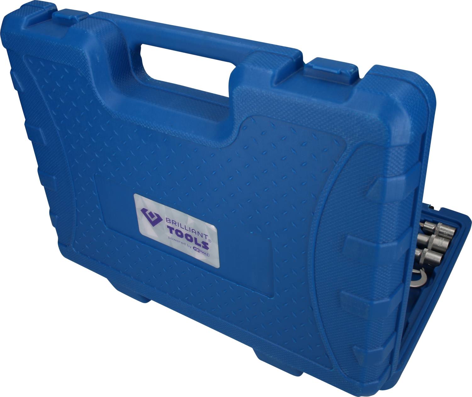 Blauer Werkzeugkoffer mit Griff, teilweise geöffnet. Enthält Metallwerkzeuge. Kofferdeckel mit 'Brilliant Tools'-Logo.