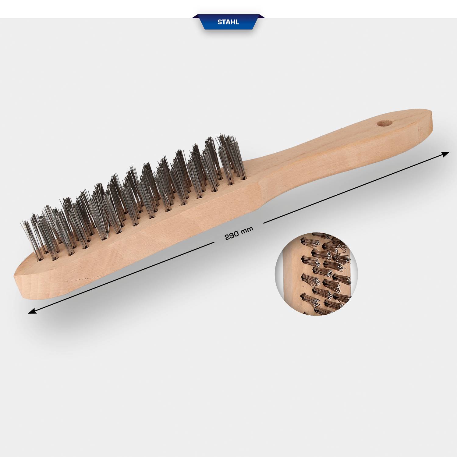 Eine Drahtbürste mit Holzgriff, 290 mm lang. Nahaufnahme zeigt Stahlborsten.