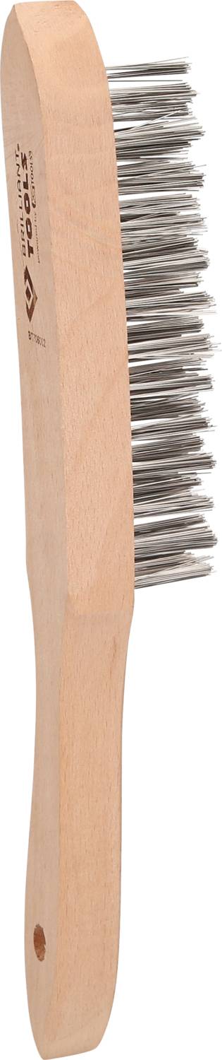Eine Bürste mit einem Holzgriff und langen Metallborsten, oft genutzt für die Pflege von Schafwolle oder zur Reinigung harter Oberflächen.