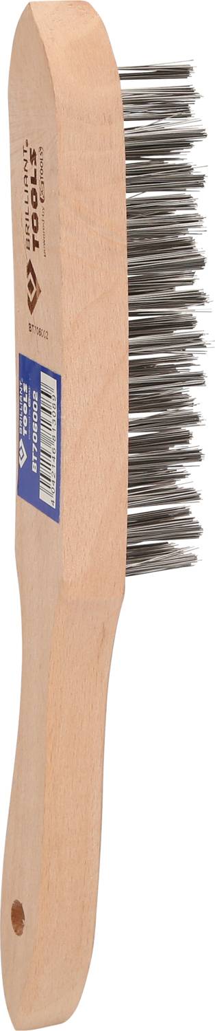 Eine Drahtbürste mit Holzgriff, geeignet zum Entfernen von Rost oder Farbe auf Metalloberflächen.