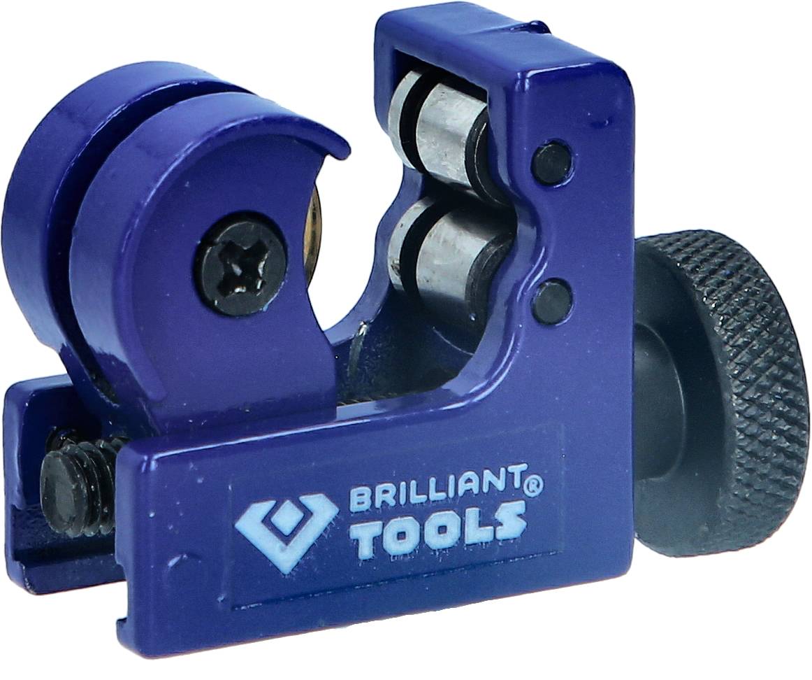 Ein blauer Rohrschneider mit dem Logo 'Brilliant Tools' auf der Seite. Das Gerät ist kompakt, handlich und aus Metall gefertigt.