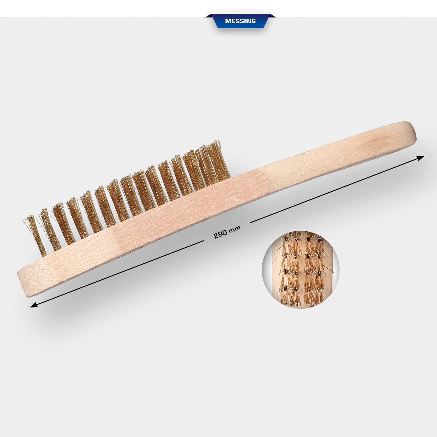 Holzgriff-Bürste mit Metallborsten, 290 mm lang. Vergrößerte Ansicht der Borsten zeigt den Messingtyp.