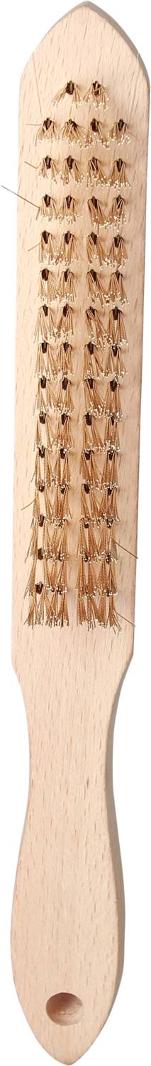 Holzbürste mit Drahtborsten und Loch am Griffende, verwendet zur Reinigung von Oberflächen oder Werkzeugen.