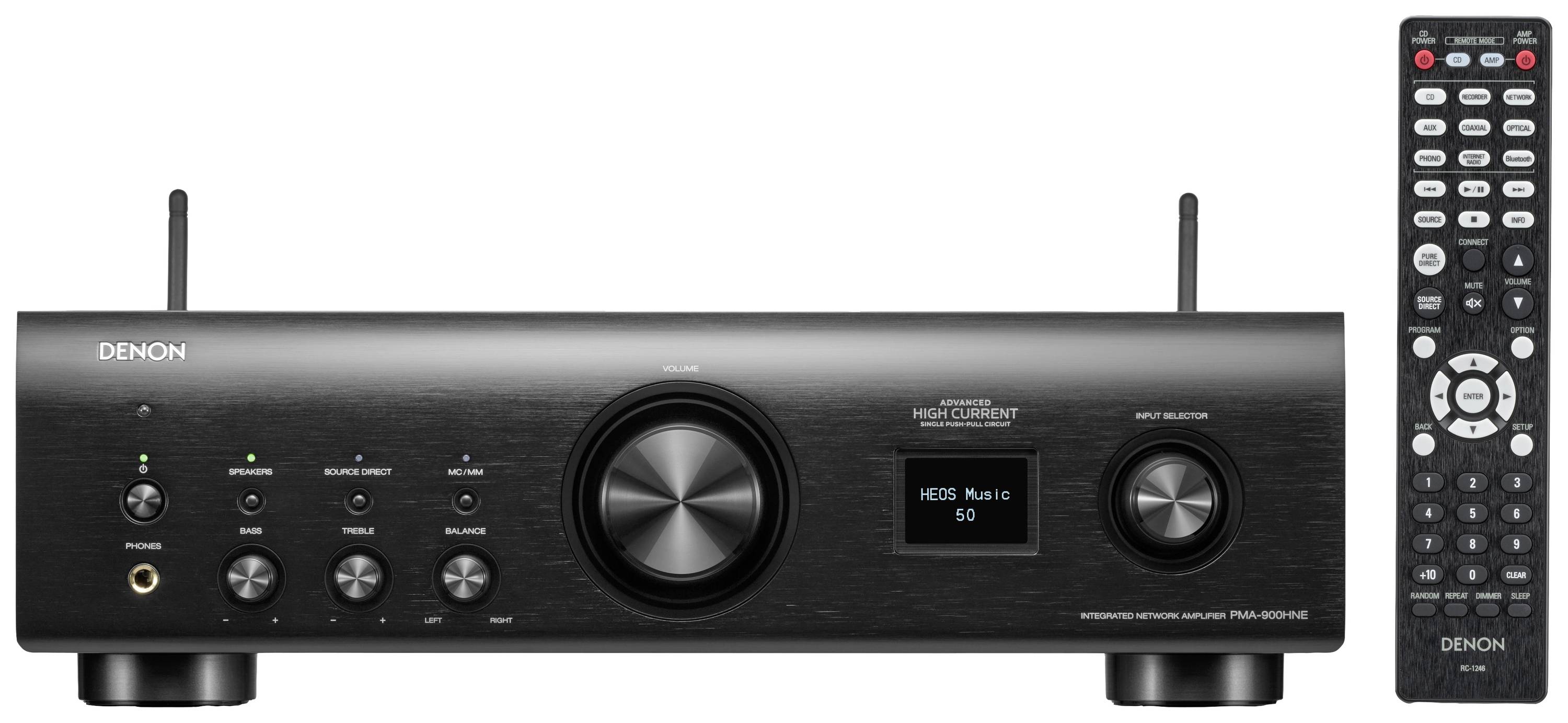 Schwarzer Hi-Fi-Stereo-Verstärker mit Tasten und Drehregler auf der Vorderseite, daneben eine Fernbedienung mit mehreren Tasten.