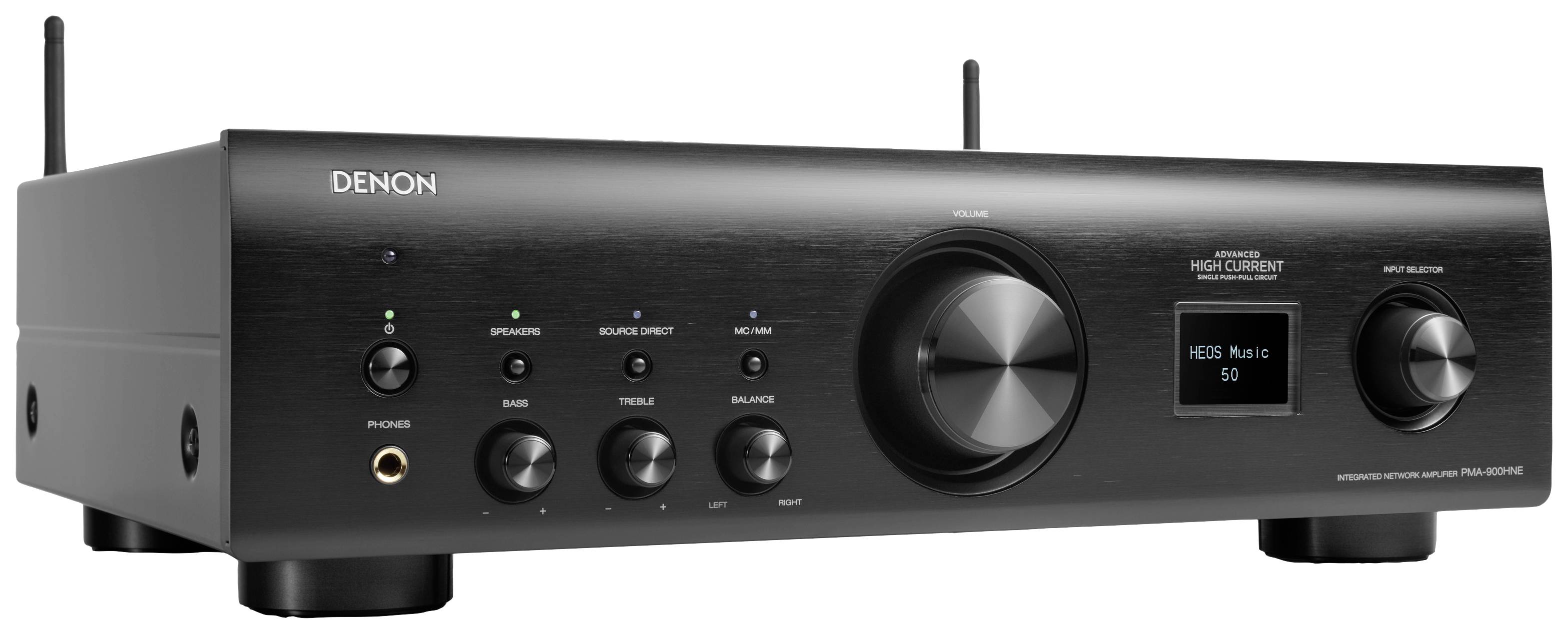 Schwarzer Audio-Verstärker mit mehreren Reglern und einem Display, das 'Hi-Fi' anzeigt. Marke ist oben links sichtbar.