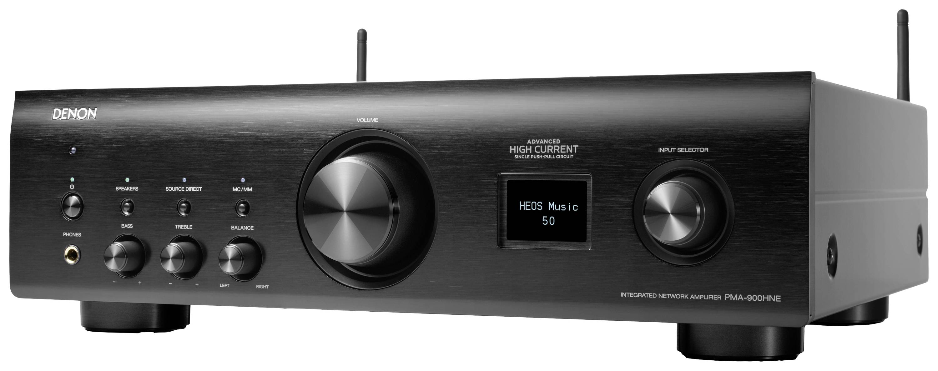Schwarzer Denon Verstärker mit mehreren Reglern und einem kleinen Display in der Mitte, das 'HEOS Music 50' anzeigt.