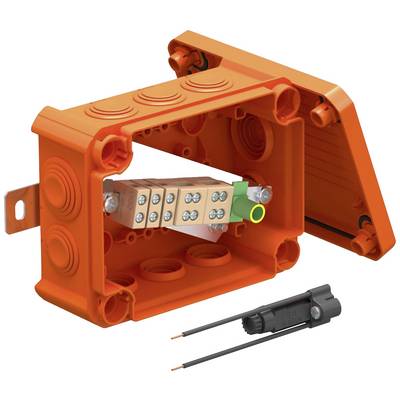 Orange Elektro-Verbindungsdose mit abgenommenem Deckel, zeigt innenliegende Klemme. Daneben liegt ein schwarzer Steckverbinder.