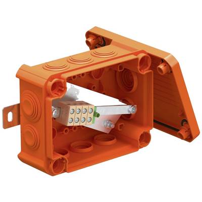 Elektrische Anschlussdose aus orangefarbenem Kunststoff, geöffnet, zeigt interne Verdrahtung mit Schraubklemmen und Erdungsschiene.