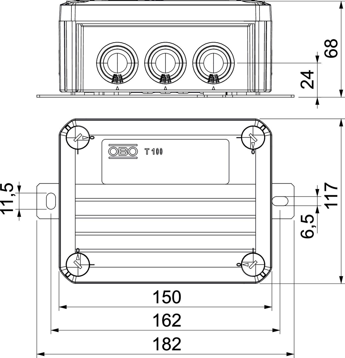 Technische Zeichnung einer rechteckigen Anschlussdose mit Maßen: Breite 182 mm, Tiefe 68 mm, Höhe 117 mm. Ansicht von vorne und oben.