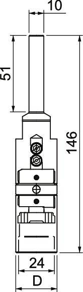 Technische Zeichnung eines Bauteils mit den Maßen: Länge 146 mm, Breite 24 mm, obere Sektion 51 mm, Spitze 10 mm.