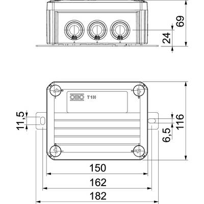 Technische Zeichnung einer rechteckigen elektrischen Anschlussdose mit Maßen: Breite 182 mm, Höhe 116 mm, Tiefe 69 mm.