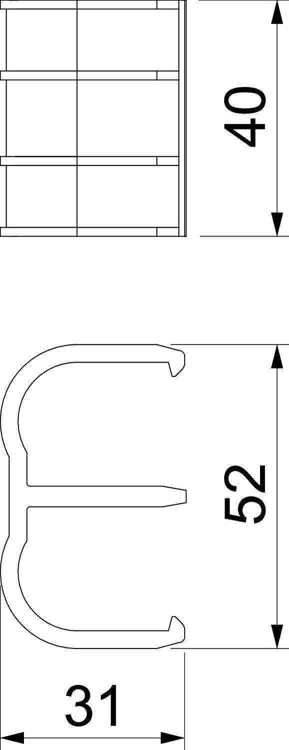 Technische Zeichnung eines Metallhakens mit Abmessungen: Breite 31 mm, Höhe 52 mm, seitliche Ansichtshöhe 40 mm.