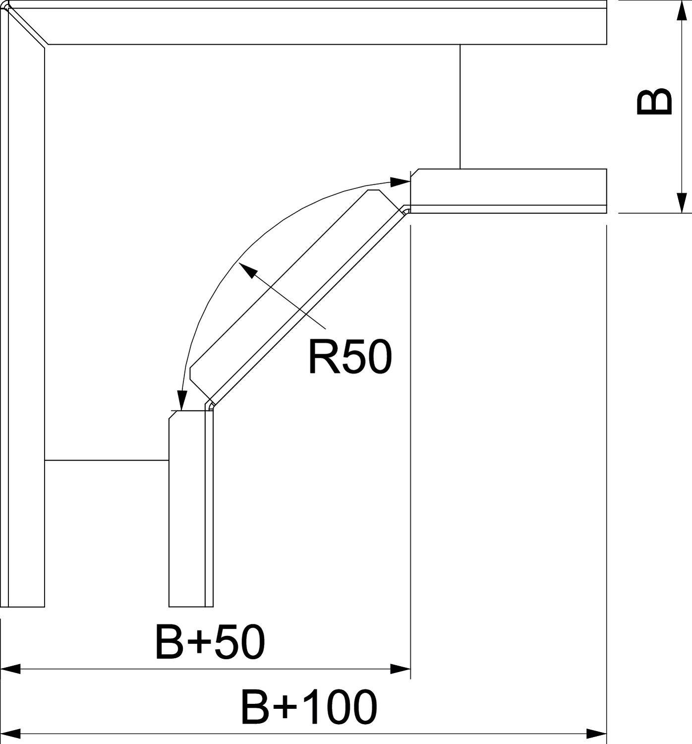 Technische Zeichnung eines Winkels mit Maßen: Winkelbogenradius R50, Länge B+50 naht an B+100. Oben vertikale Kante B.