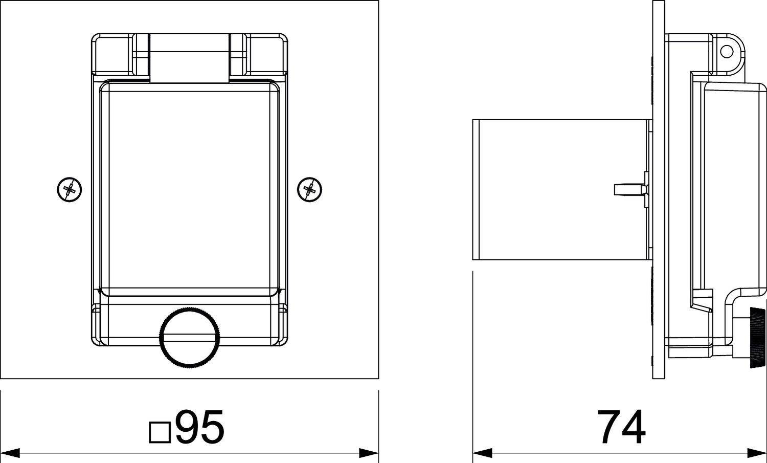 Technische Zeichnung eines rechteckigen Geräts mit Abmessungen: 95 mm Breite, 74 mm Tiefe. Zeigt Vorder- und Seitenansicht.