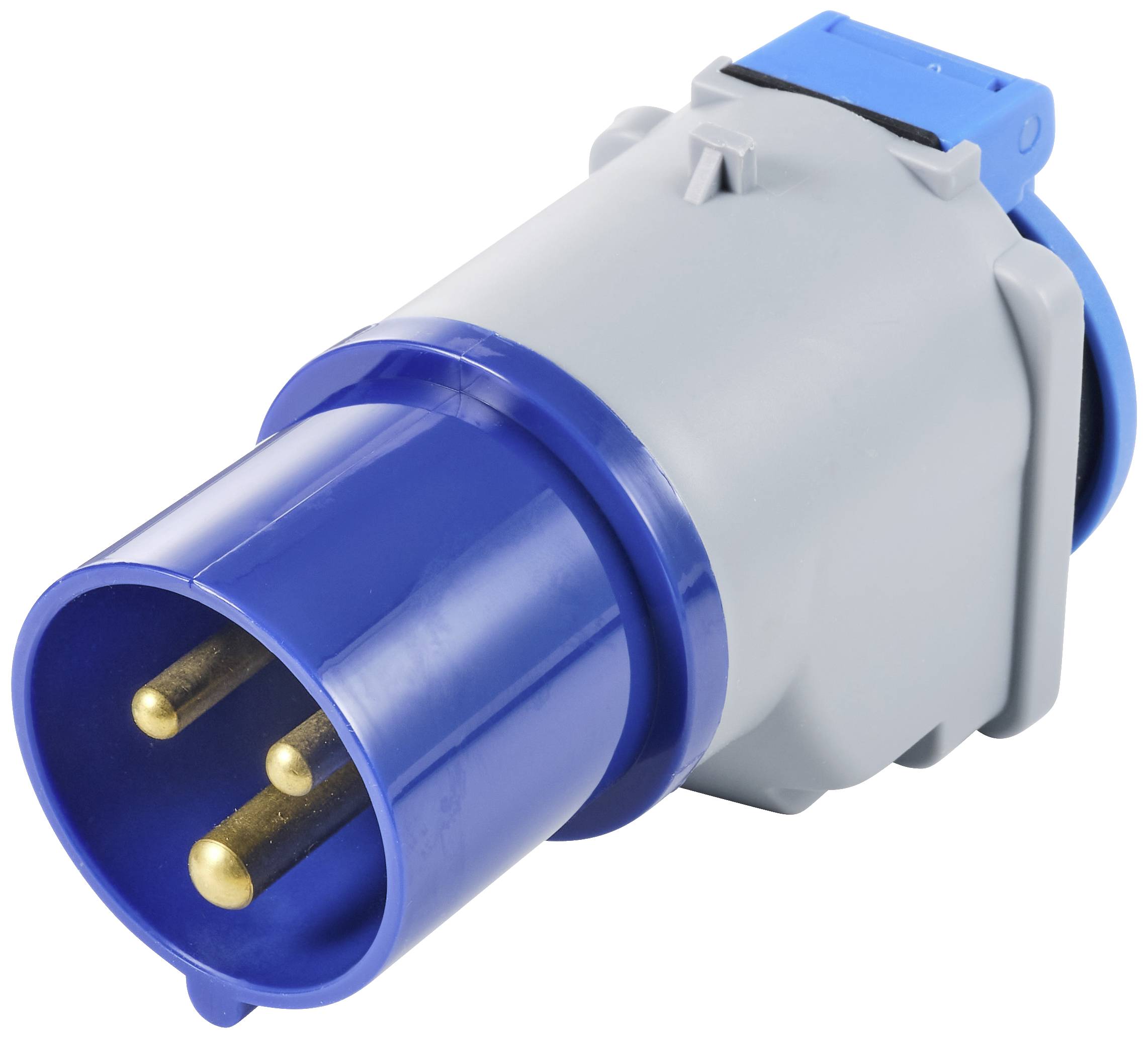 Blauer und grauer dreipoliger Stecker mit Kunststoffgehäuse, für industrielle Anwendungen geeignet.