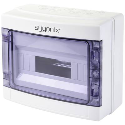 Elektrisches Gehäuse von Sygonix, weiß, mit transparentem Deckel, dient zum Schutz von elektronischen Bauteilen.
