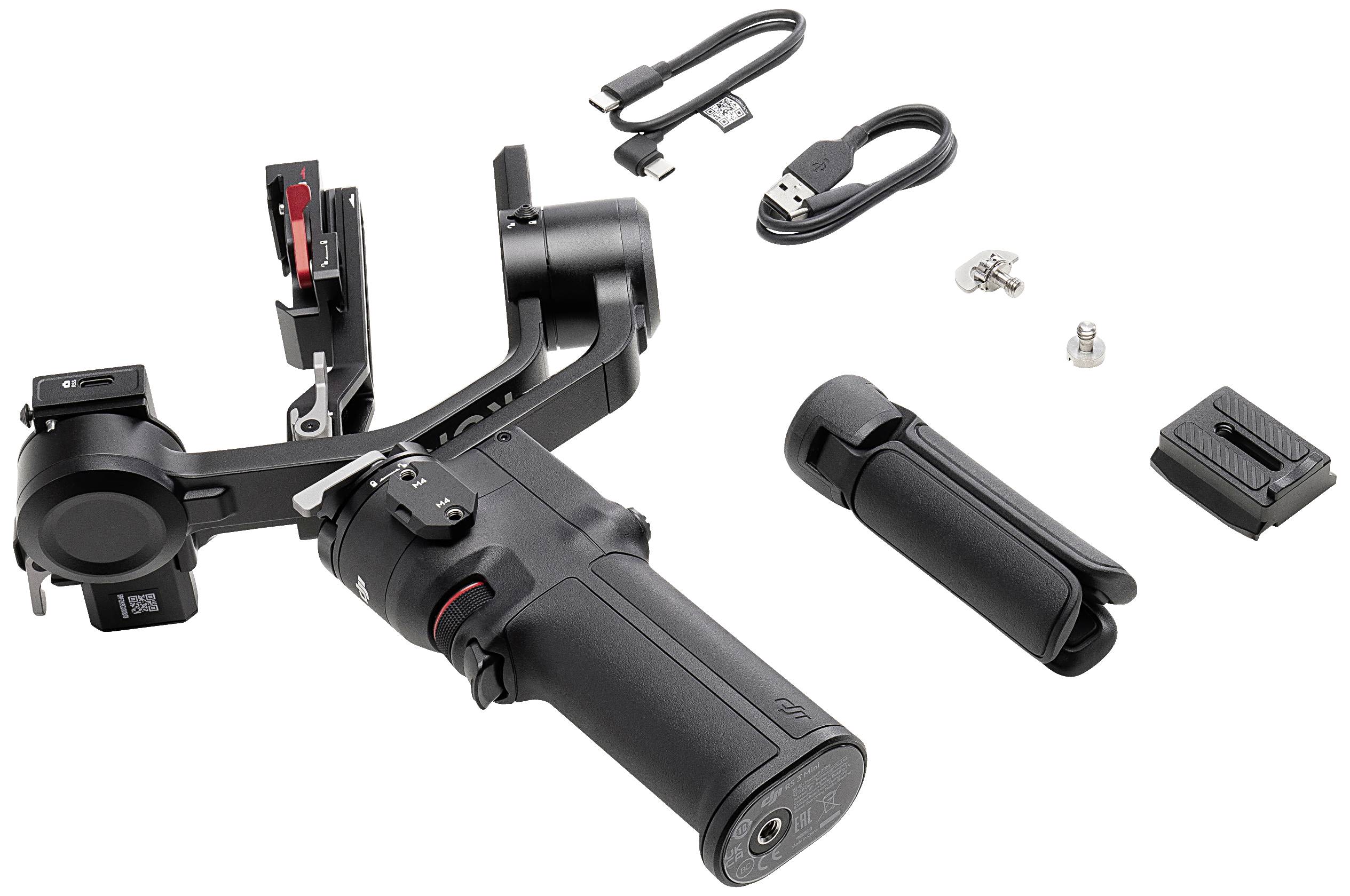 Ein Kamera-Gimbal mit Zubehör: Kabel, Stativ, Schrauben und Adapter. Geeignet zum Stabilisieren von Bilder und Videos.