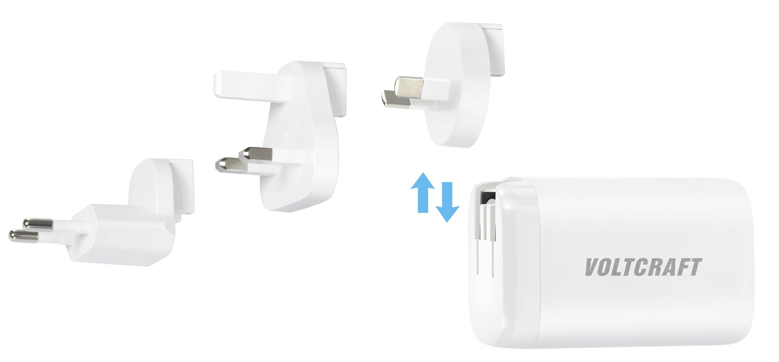 Netzteil mit austauschbaren Steckadaptern für verschiedene Länder. Enthält Adapter für EU, UK und USA. Markiert mit 'VOLTCRAFT'.