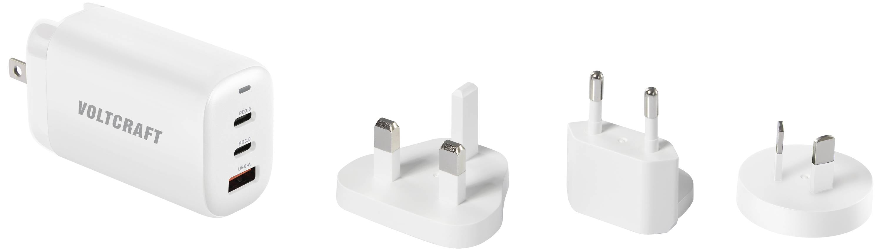 VOLTCRAFT UC-3ACX004 Reiseladeadapter 65 W 1x USB-A, 2x USB-C® USB PD Weiß GaN, mit Europa-Adapter, mit UK-Adapter, mit 