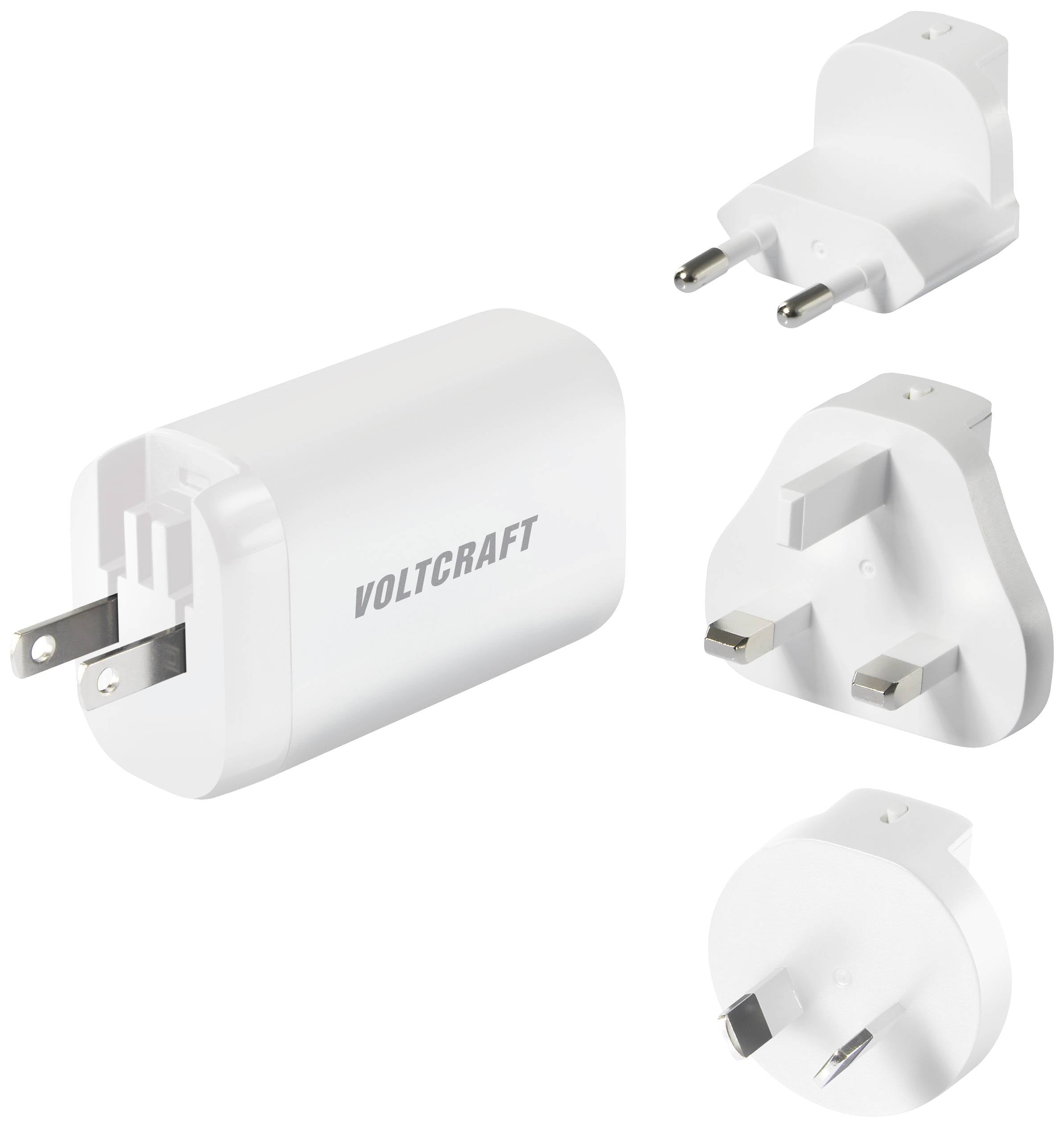 'Voltcraft'-Ladegerät mit vier austauschbaren Steckern für unterschiedliche Steckdosenstandards. Ideal für internationale Reisen.