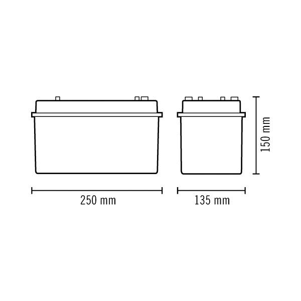 Zwei rechteckige Batterien in unterschiedlichen Größen, 250 mm und 135 mm lang, jeweils 150 mm hoch, dargestellt.