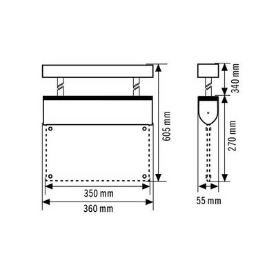 Technische Zeichnung einer Deckenleuchte mit Maßen: Breite 360 mm, Höhe 605 mm, Tiefe 55 mm. Enthält Maßangaben für Montagepunkte.