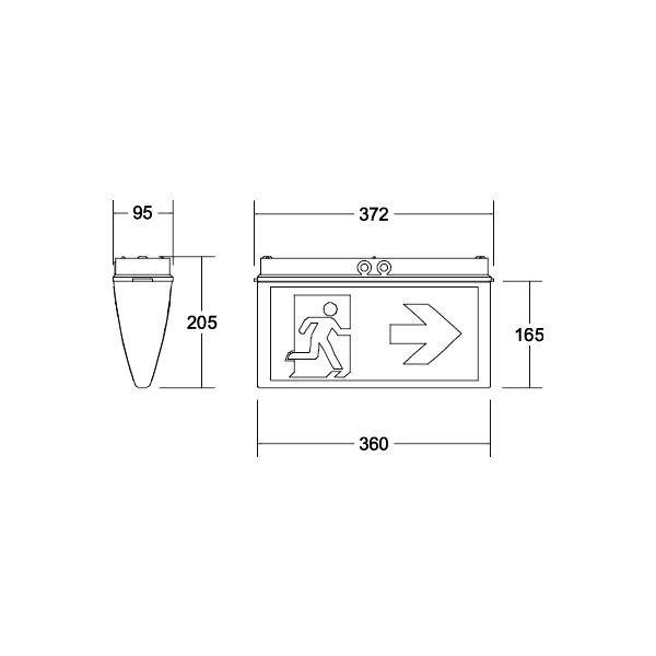Technische Zeichnung eines Notausgangsschilds mit Maßen: 372 mm Breite, 165 mm Höhe. Symbol einer rennenden Person und Pfeil nach rechts.